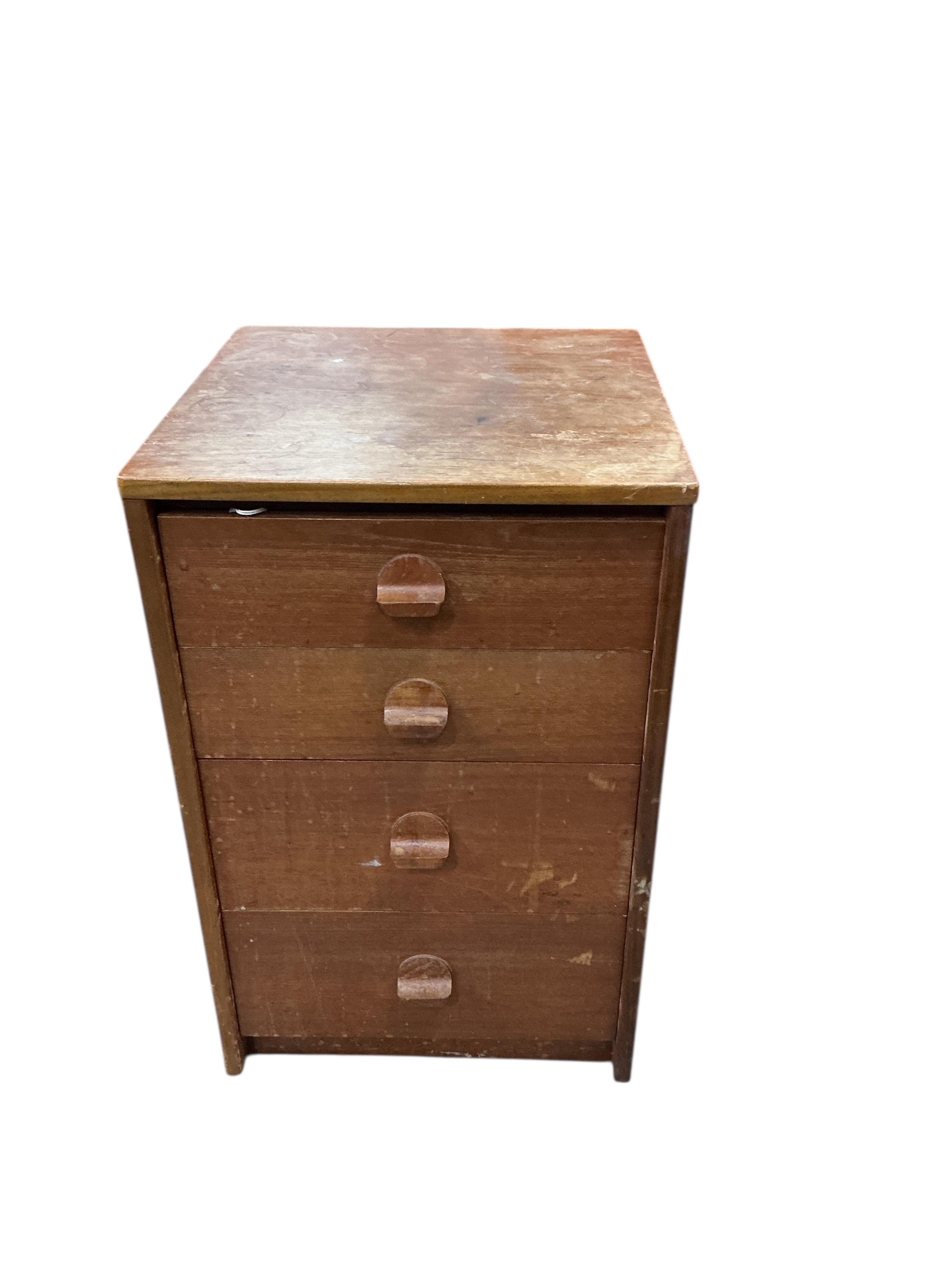 A small mid century Stag teak three drawer chest and a four drawer chest, larger width 80cm, depth 43cm, height 63cm